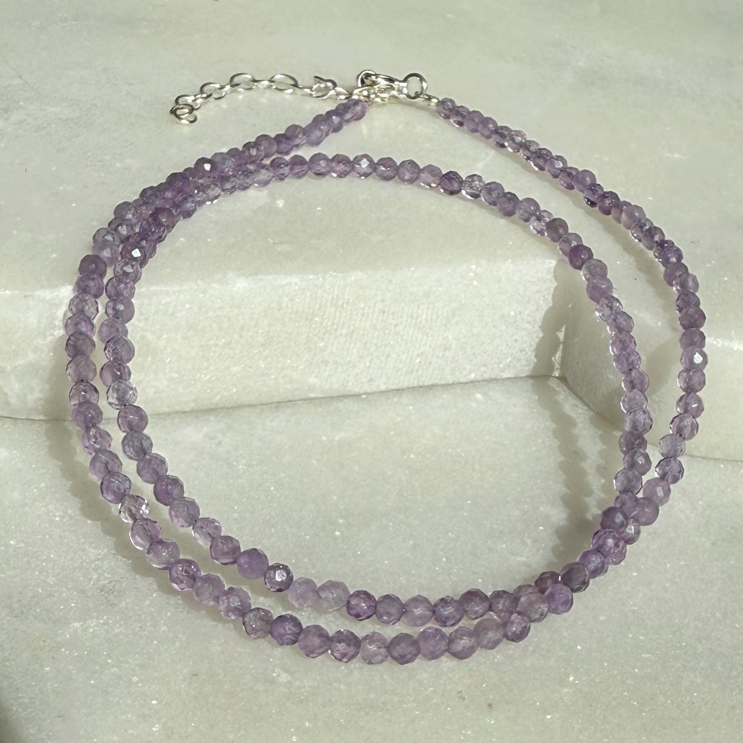 Dainty Amethyst Choker Necklace, Tiny Beaded Birthstone Necklace with Silver Chain