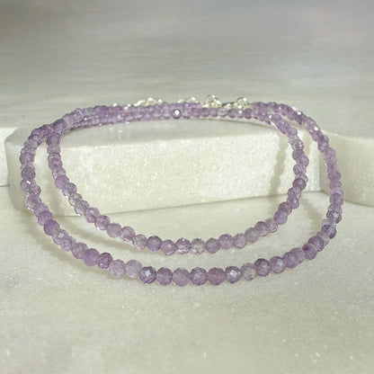 Dainty Amethyst Choker Necklace, Tiny Beaded Birthstone Necklace with Silver Chain