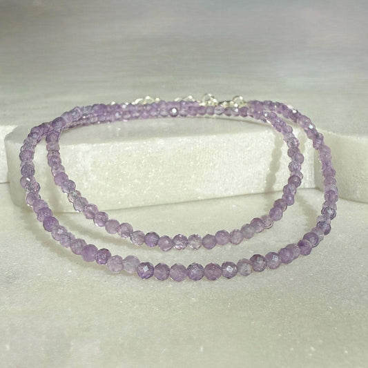 Dainty Amethyst Choker Necklace, Tiny Beaded Birthstone Necklace with Silver Chain