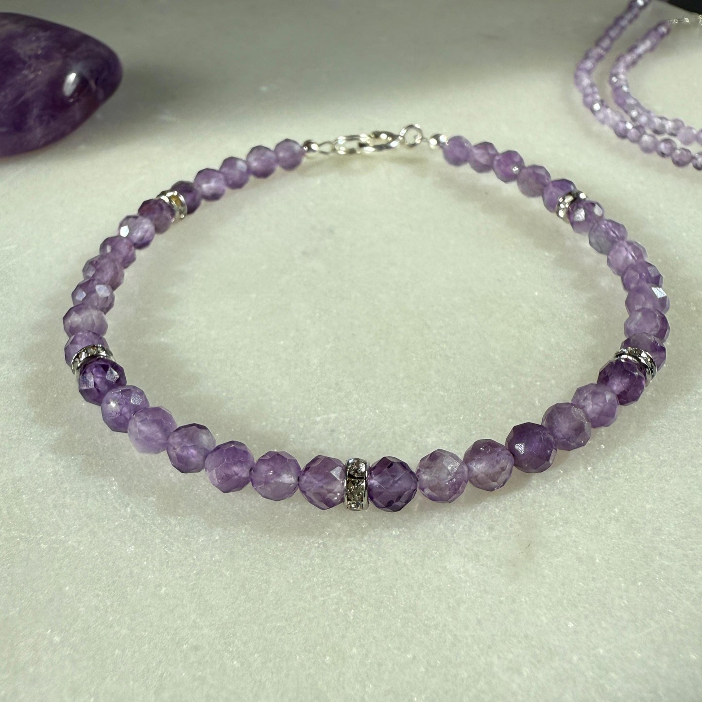 Purple Amethyst Bracelet, Silver Beaded Birthstone Bracelet