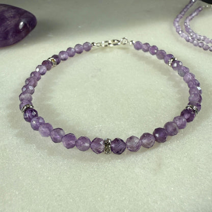 Purple Amethyst Bracelet, Silver Beaded Birthstone Bracelet