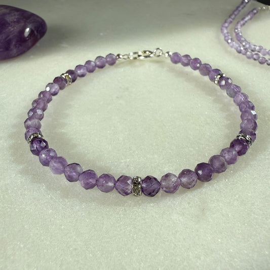 Purple Amethyst Bracelet, Silver Beaded Birthstone Bracelet
