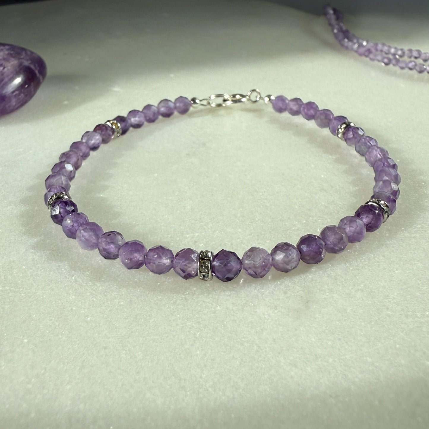 Purple Amethyst Bracelet, Silver Beaded Birthstone Bracelet