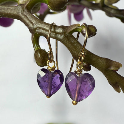 Amethyst Earrings, Purple Heart Gold Earrings