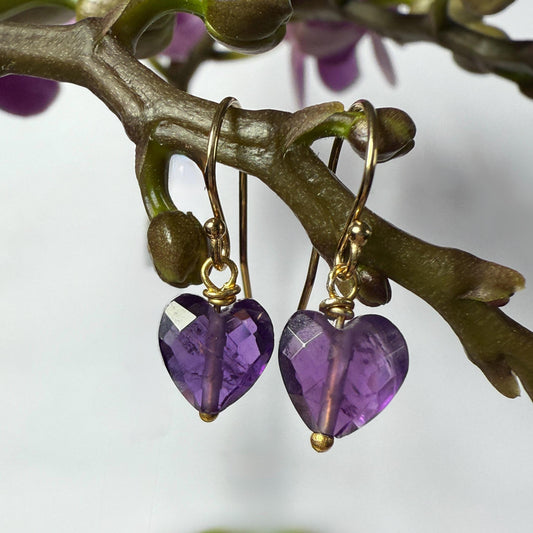 Amethyst Earrings, Purple Heart Gold Earrings