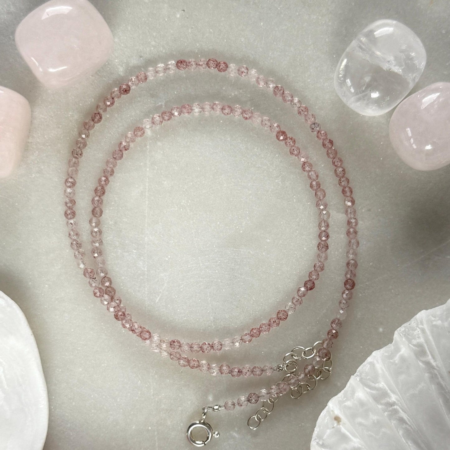 Dainty Strawberry Rose Quartz Choker Necklace, Tiny Beaded Birthstone Necklace
