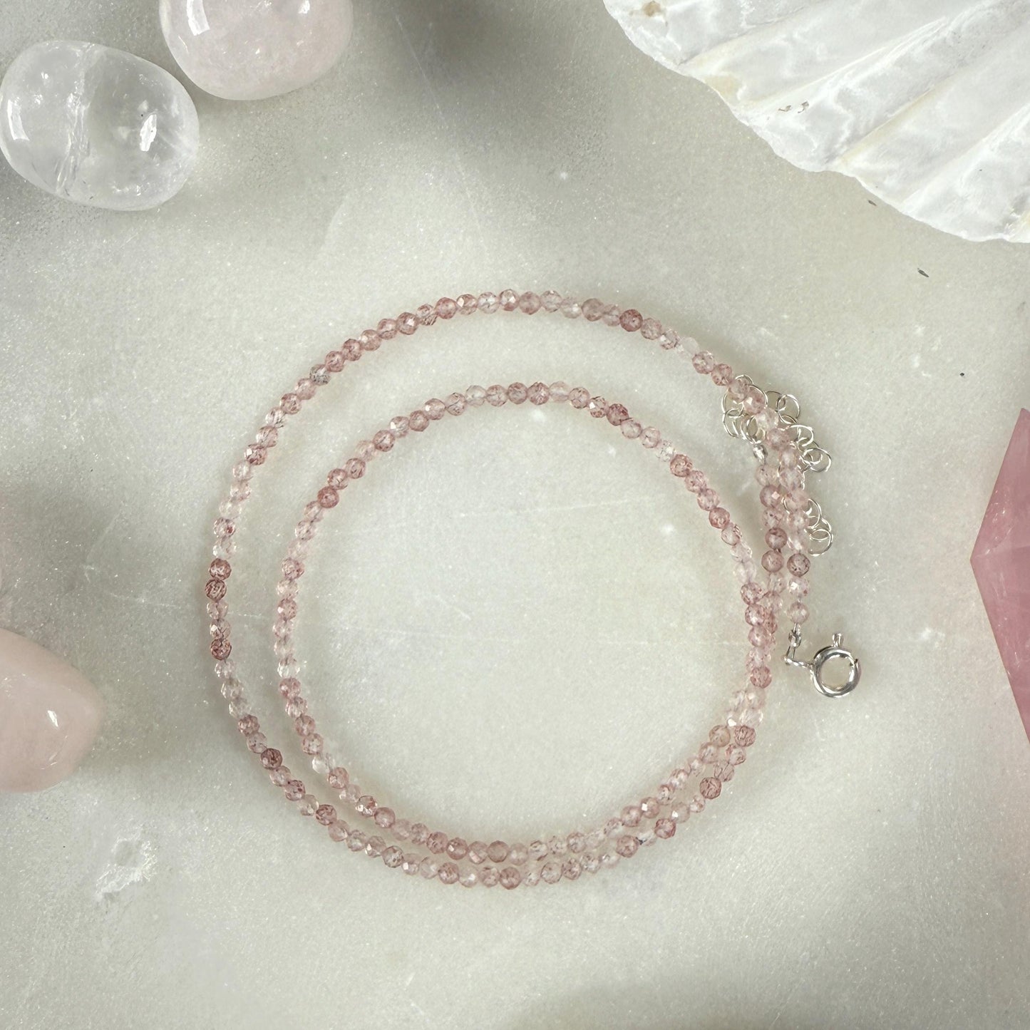 Dainty Strawberry Rose Quartz Choker Necklace, Tiny Beaded Birthstone Necklace