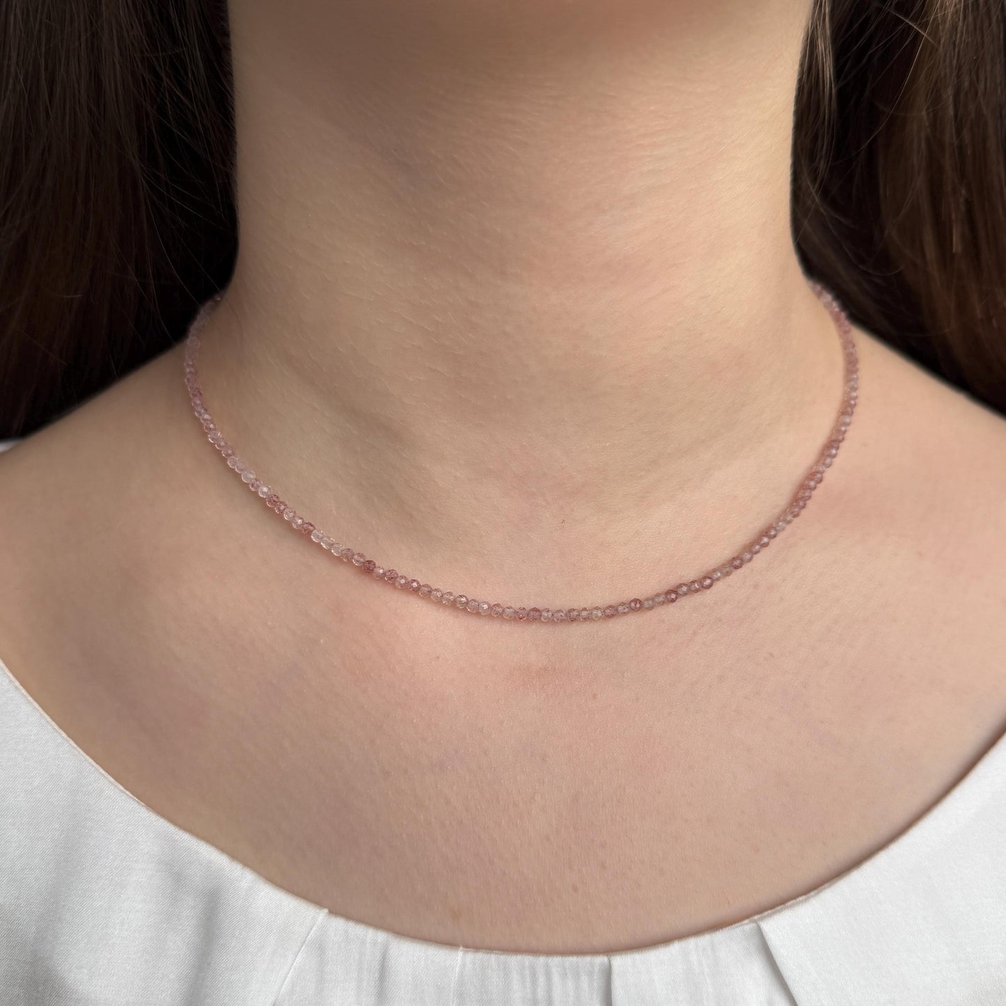 Dainty Strawberry Rose Quartz Choker Necklace, Tiny Beaded Birthstone Necklace