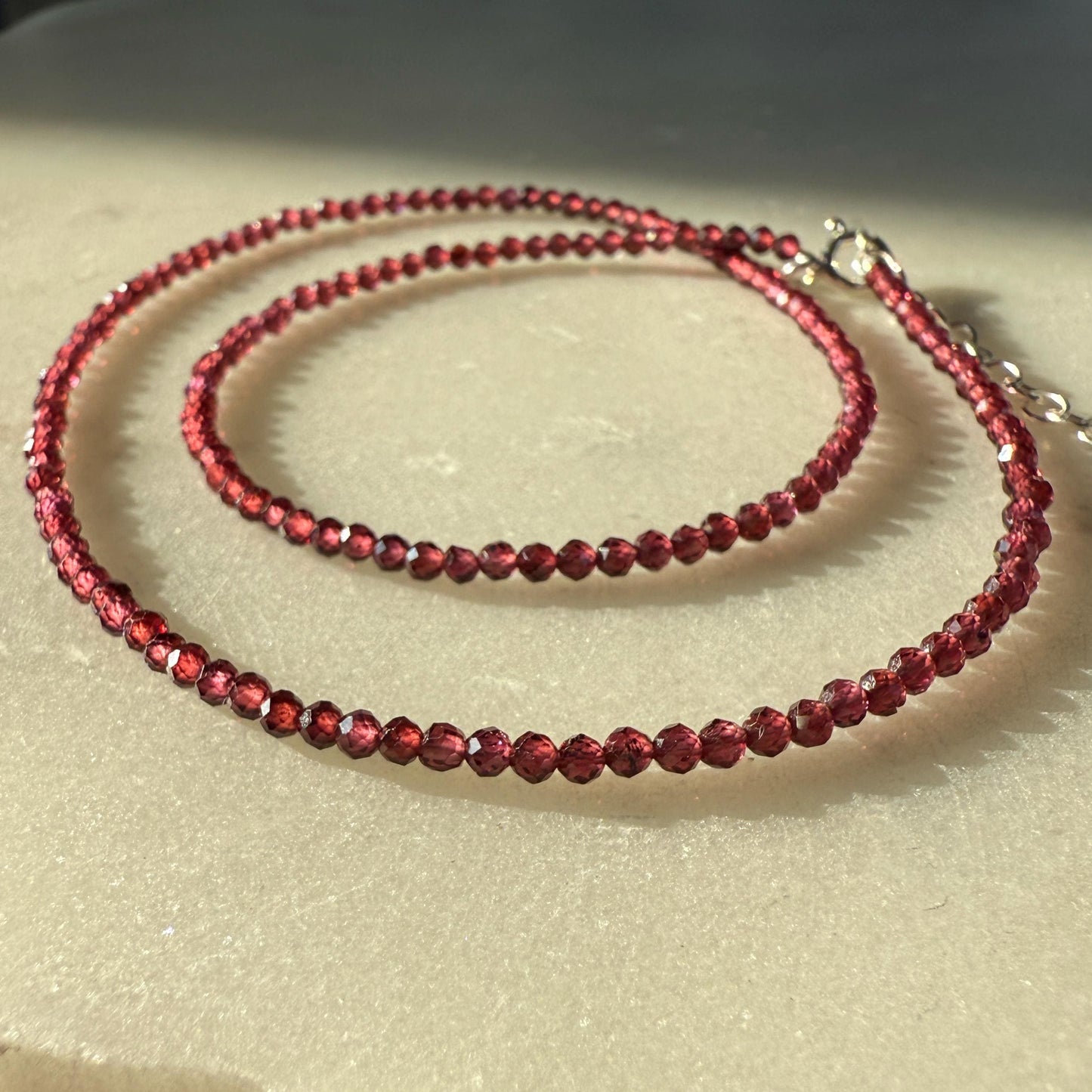 Garnet Choker Necklace, Tiny Beaded Birthstone Necklace with Silver Chain