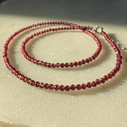 Garnet Choker Necklace, Tiny Beaded Birthstone Necklace with Silver Chain