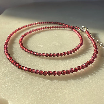 Garnet Choker Necklace, Tiny Beaded Birthstone Necklace with Silver Chain