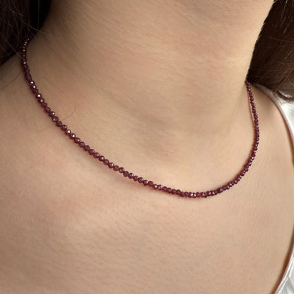 Garnet Choker Necklace, Tiny Beaded Birthstone Necklace with Silver Chain