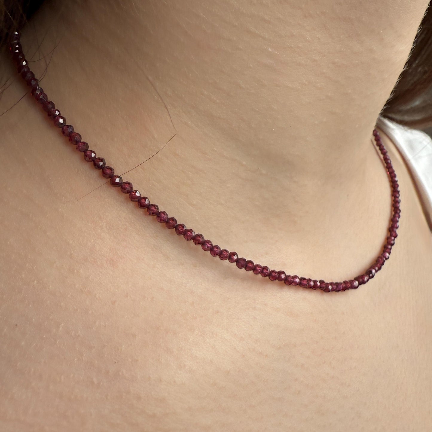 Garnet Choker Necklace, Tiny Beaded Birthstone Necklace with Silver Chain
