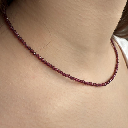 Garnet Choker Necklace, Tiny Beaded Birthstone Necklace with Silver Chain