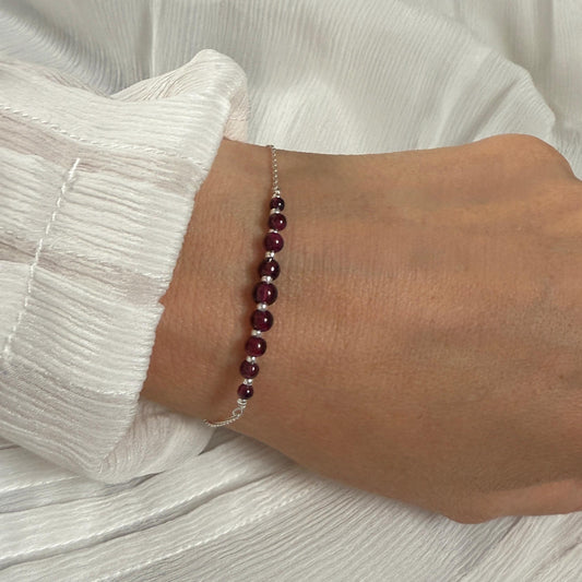 Garnet Bracelet, Silver Beaded Birthstone Bracelet