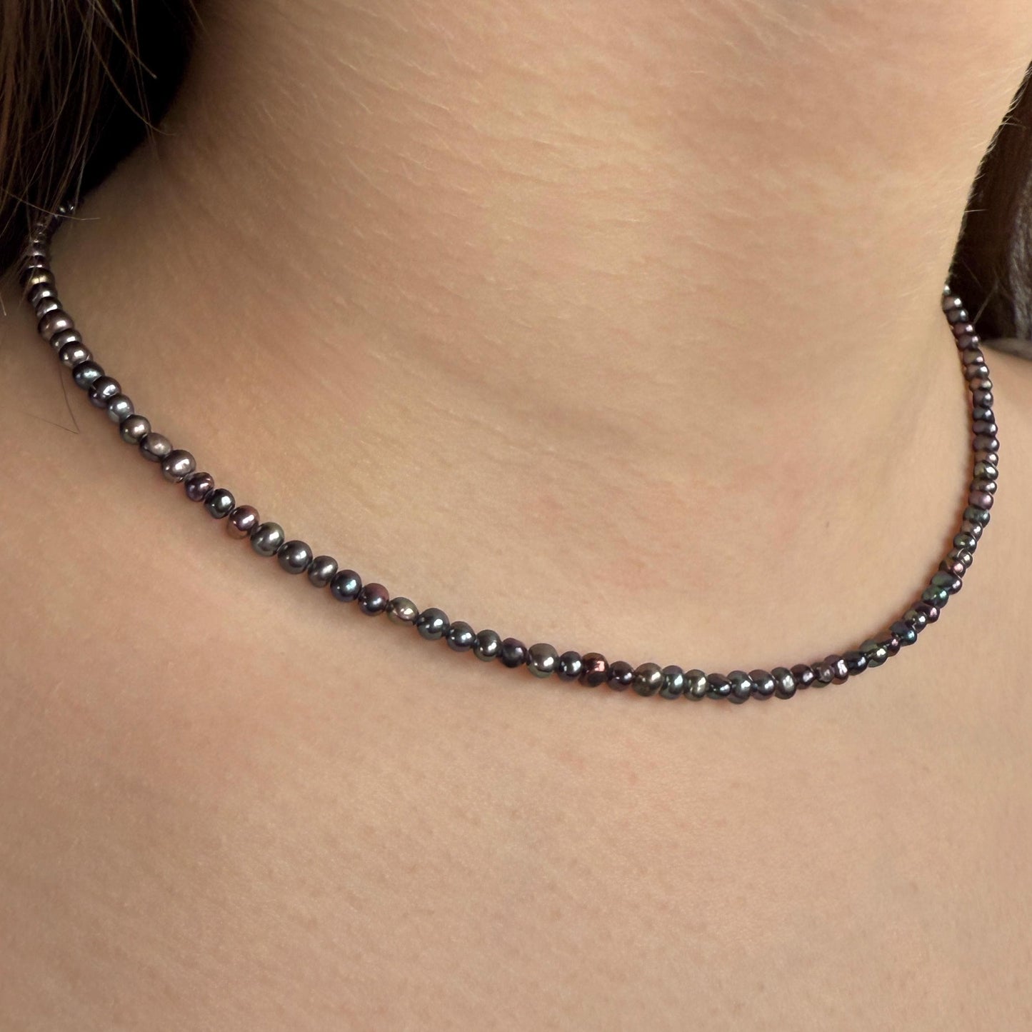 Dainty Pearl Necklace, Black Choker Beaded Birthstone Necklace with Silver Chain