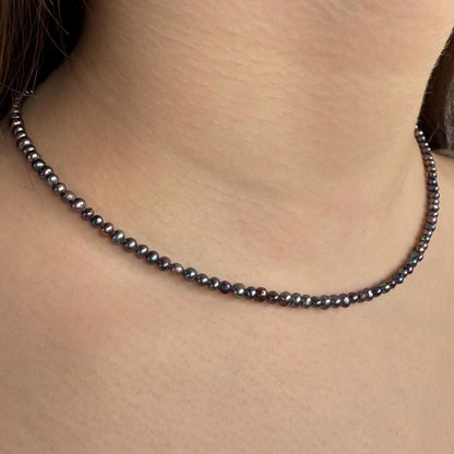 Dainty Pearl Necklace, Black Choker Beaded Birthstone Necklace with Silver Chain