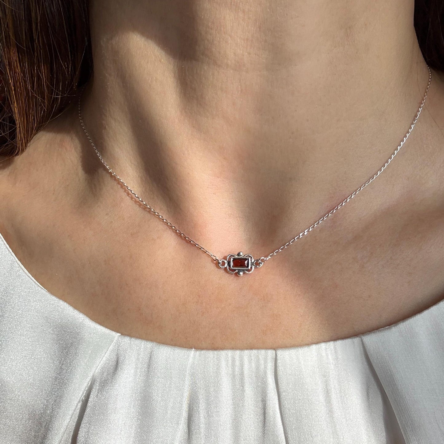 Dainty Garnet Choker Necklace, Tiny Pendant Birthstone Necklace with Silver Chain