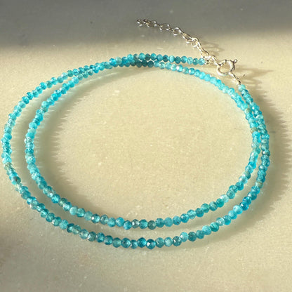 Blue Apatite Choker Necklace, Tiny Beaded Birthstone Necklace