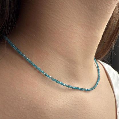Blue Apatite Choker Necklace, Tiny Beaded Birthstone Necklace