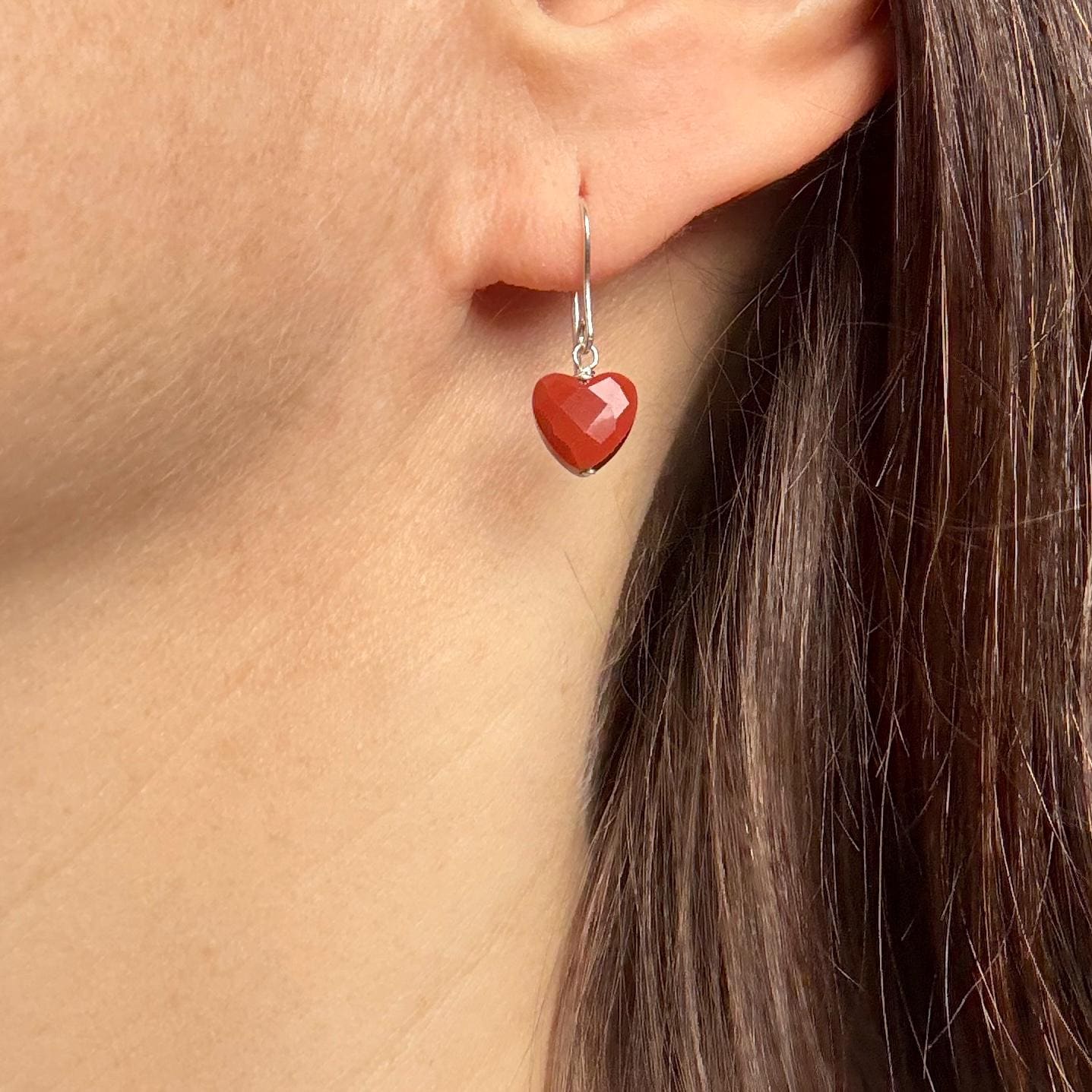Heart Silver Earrings, Red Jasper Earrings