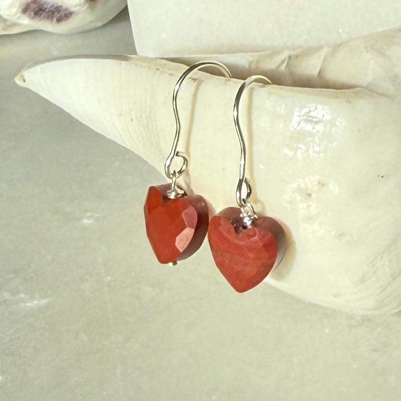 Heart Silver Earrings, Red Jasper Earrings
