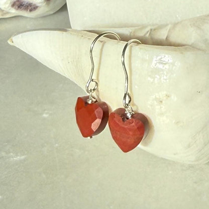 Heart Silver Earrings, Red Jasper Earrings