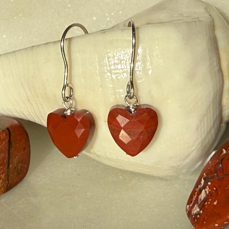 Heart Silver Earrings, Red Jasper Earrings