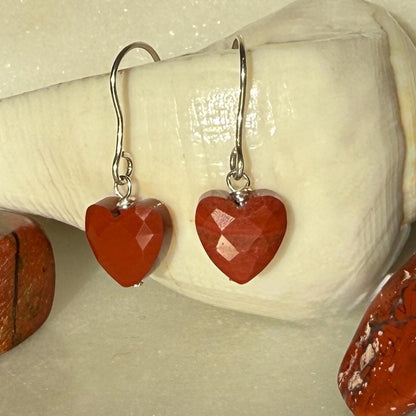 Heart Silver Earrings, Red Jasper Earrings