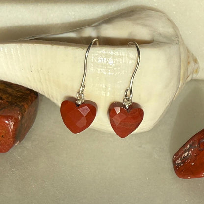 Heart Silver Earrings, Red Jasper Earrings