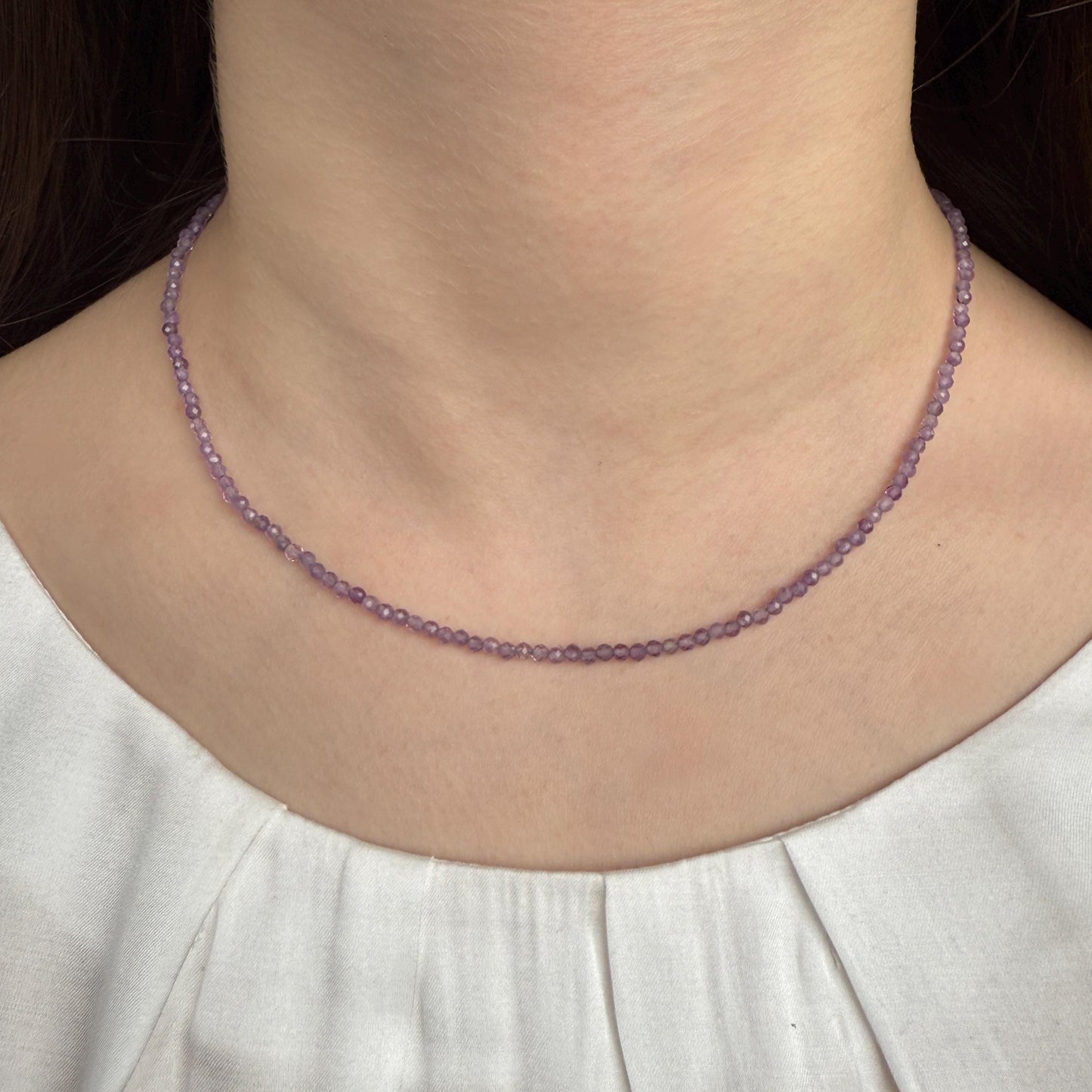 Dainty Amethyst Choker Necklace, Tiny Beaded Birthstone Necklace with Silver Chain