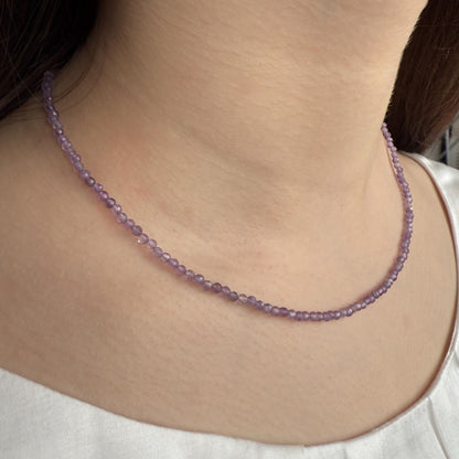 Dainty Amethyst Choker Necklace, Tiny Beaded Birthstone Necklace with Silver Chain