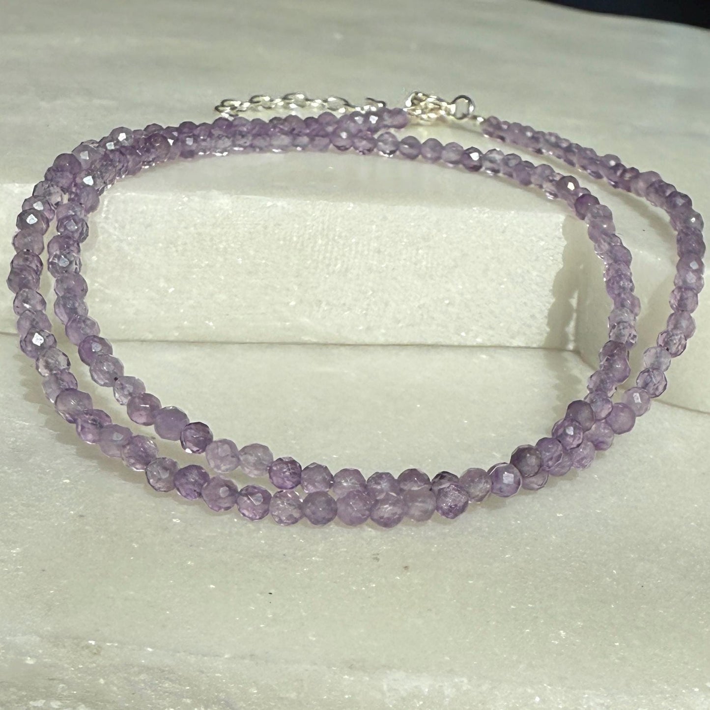 Dainty Amethyst Choker Necklace, Tiny Beaded Birthstone Necklace with Silver Chain