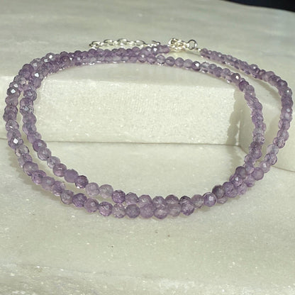 Dainty Amethyst Choker Necklace, Tiny Beaded Birthstone Necklace with Silver Chain