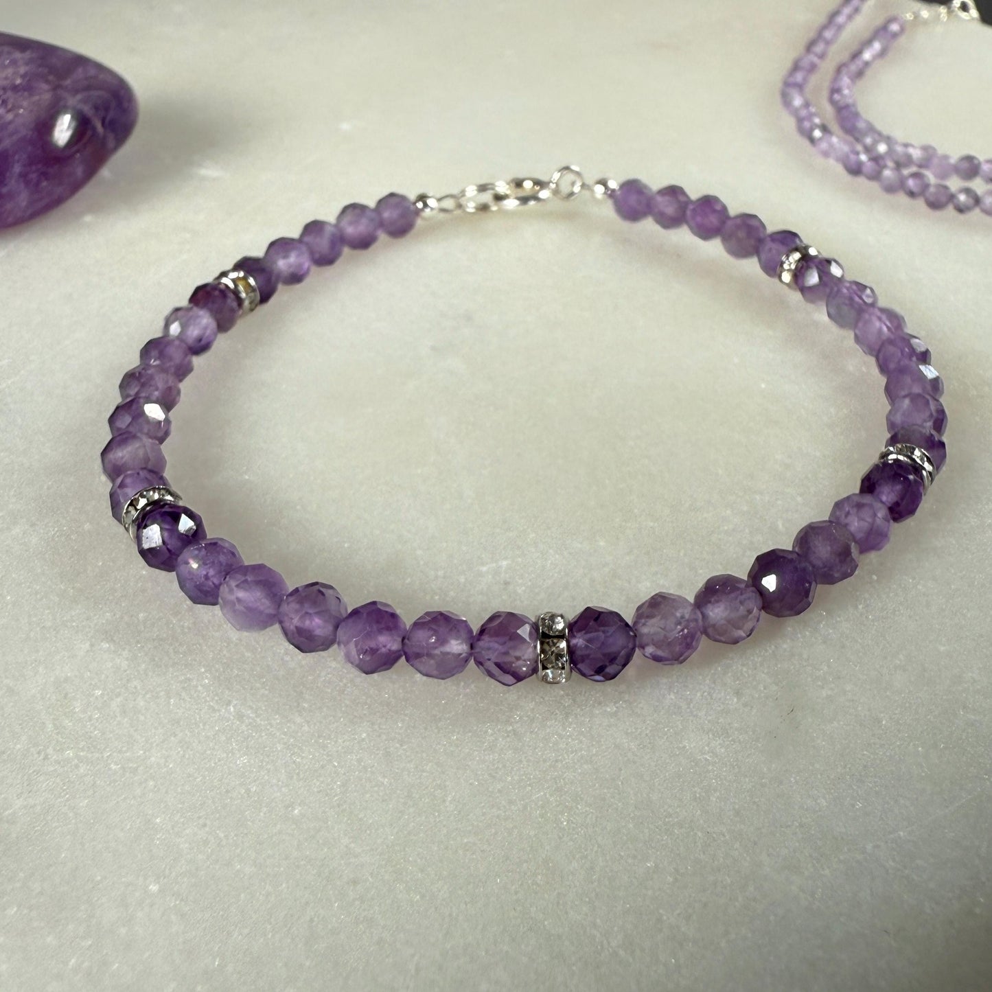 Purple Amethyst Bracelet, Silver Beaded Birthstone Bracelet