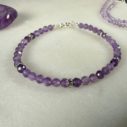 Purple Amethyst Bracelet, Silver Beaded Birthstone Bracelet