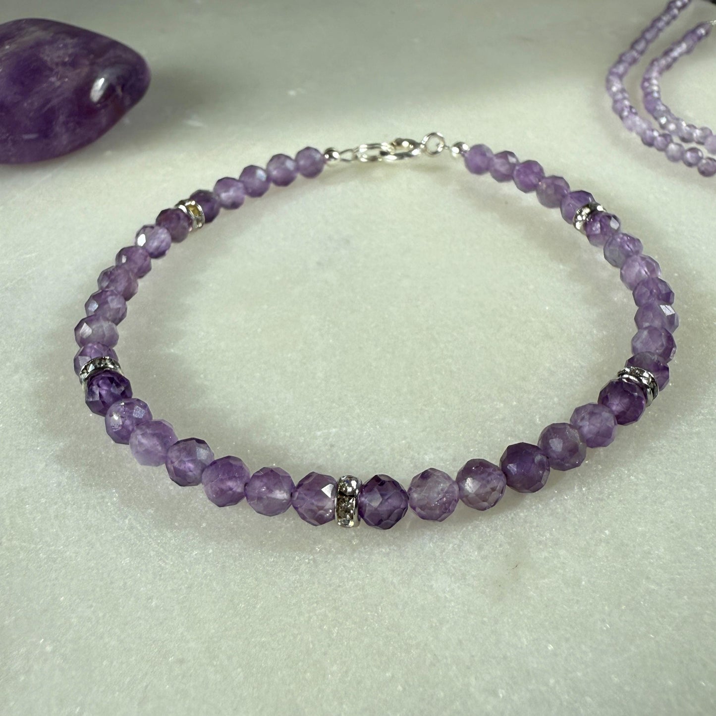 Purple Amethyst Bracelet, Silver Beaded Birthstone Bracelet