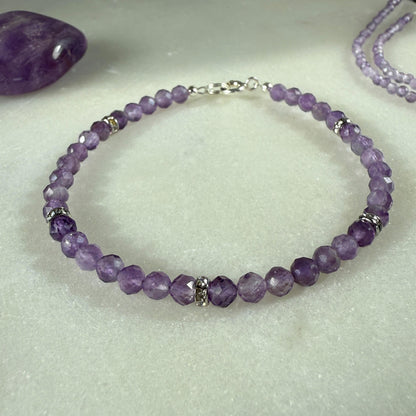 Purple Amethyst Bracelet, Silver Beaded Birthstone Bracelet