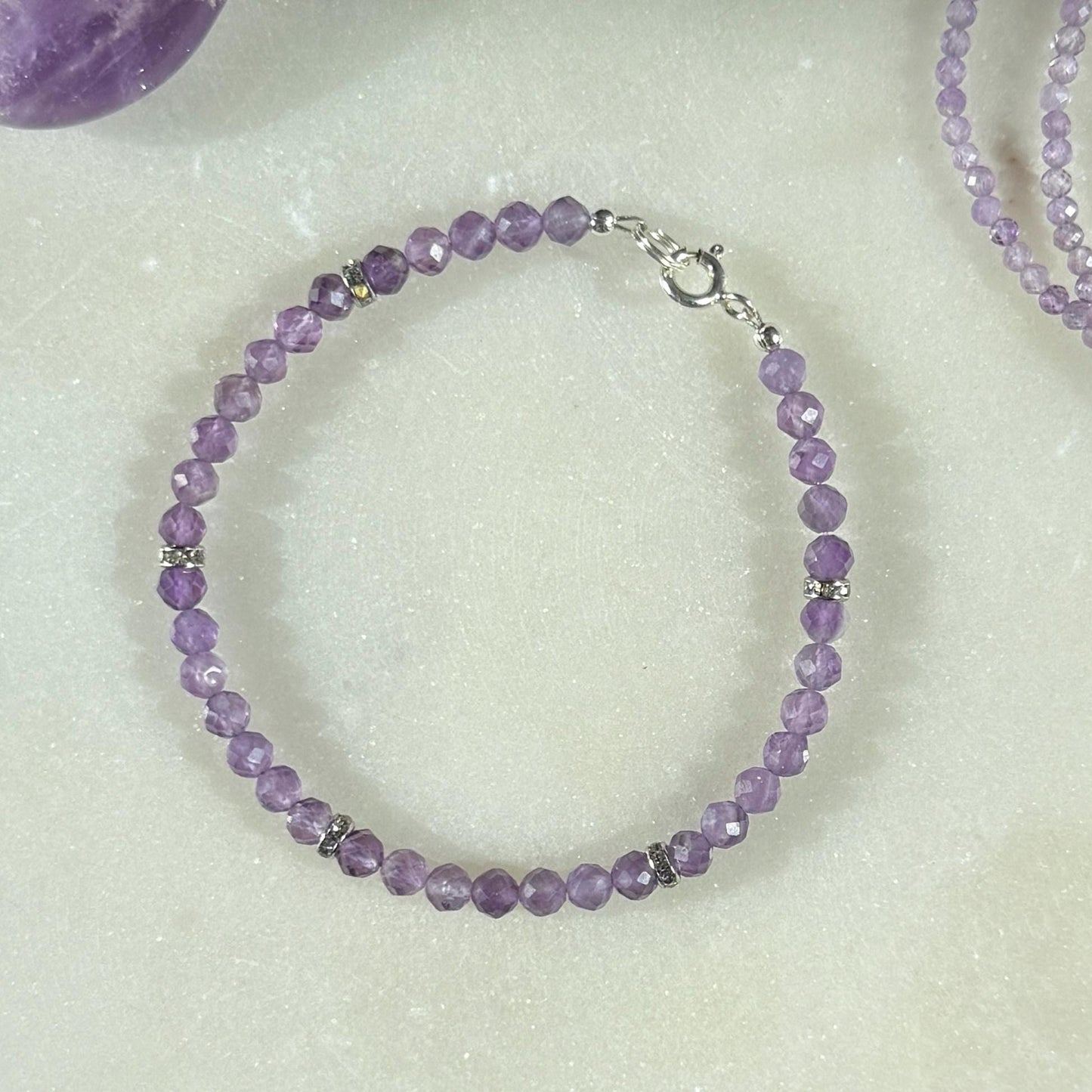Purple Amethyst Bracelet, Silver Beaded Birthstone Bracelet