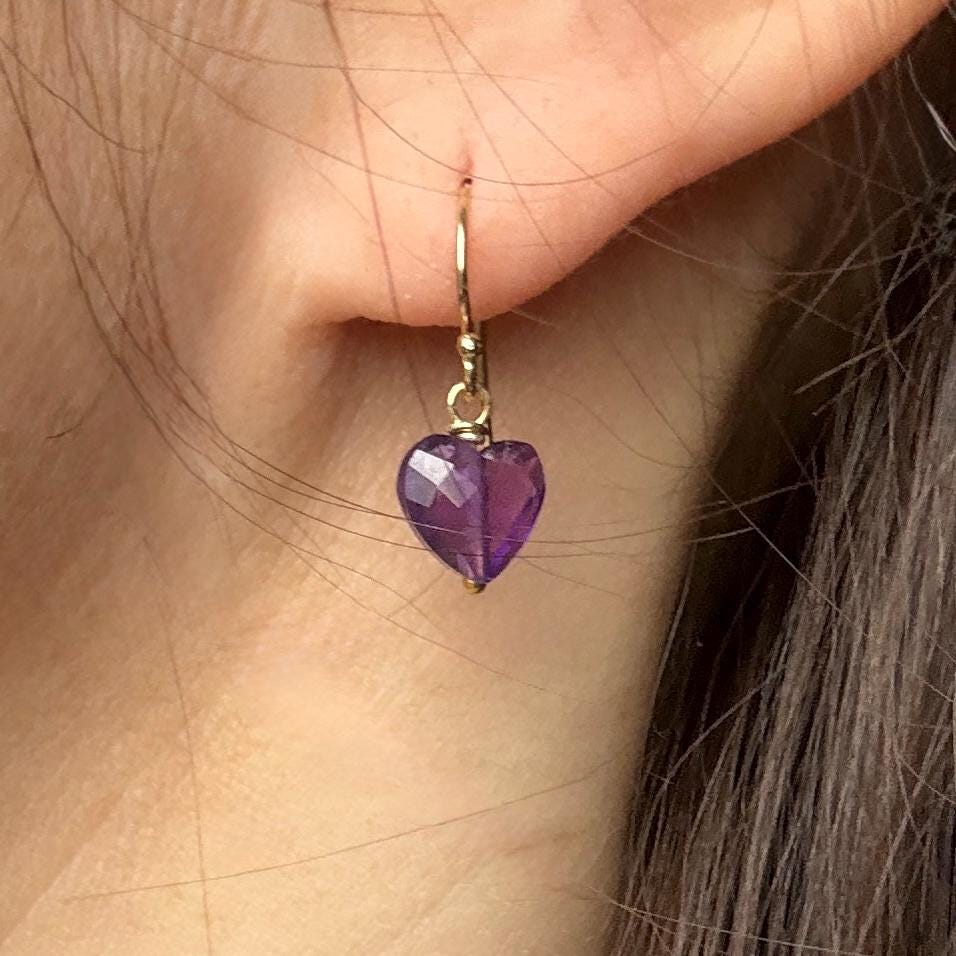Amethyst Earrings, Purple Heart Gold Earrings