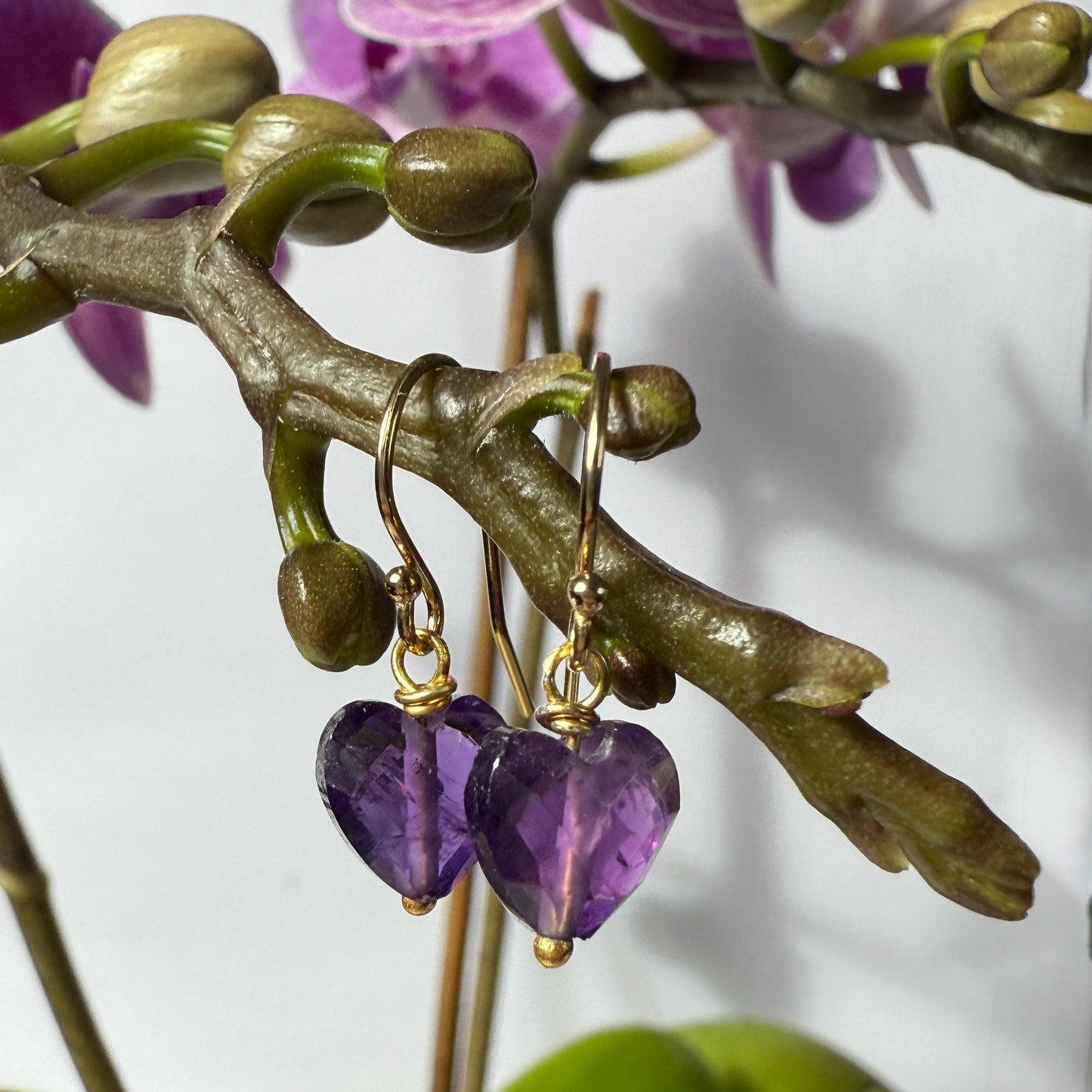 Amethyst Earrings, Purple Heart Gold Earrings