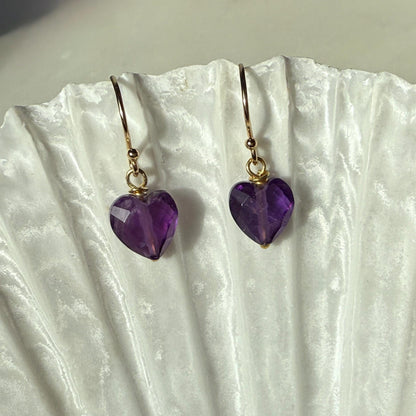 Amethyst Earrings, Purple Heart Gold Earrings
