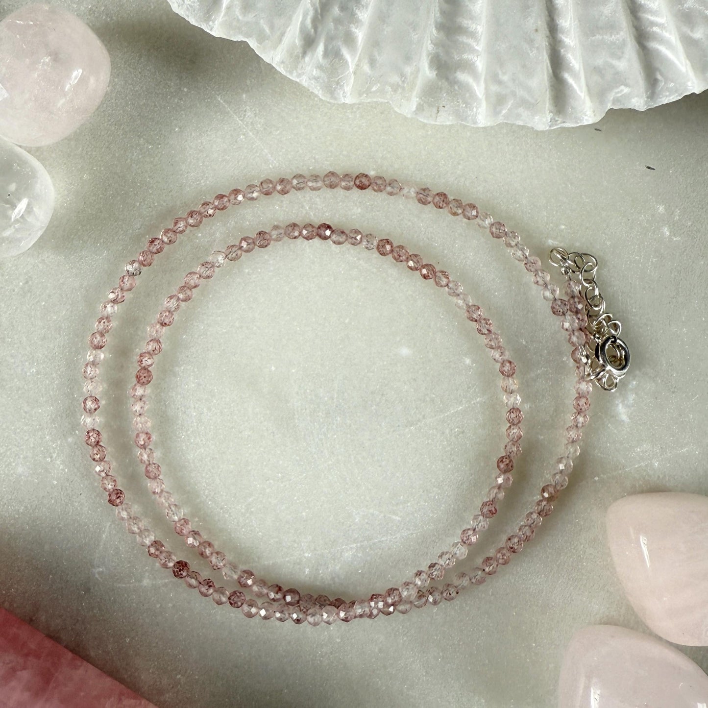 Dainty Strawberry Rose Quartz Choker Necklace, Tiny Beaded Birthstone Necklace