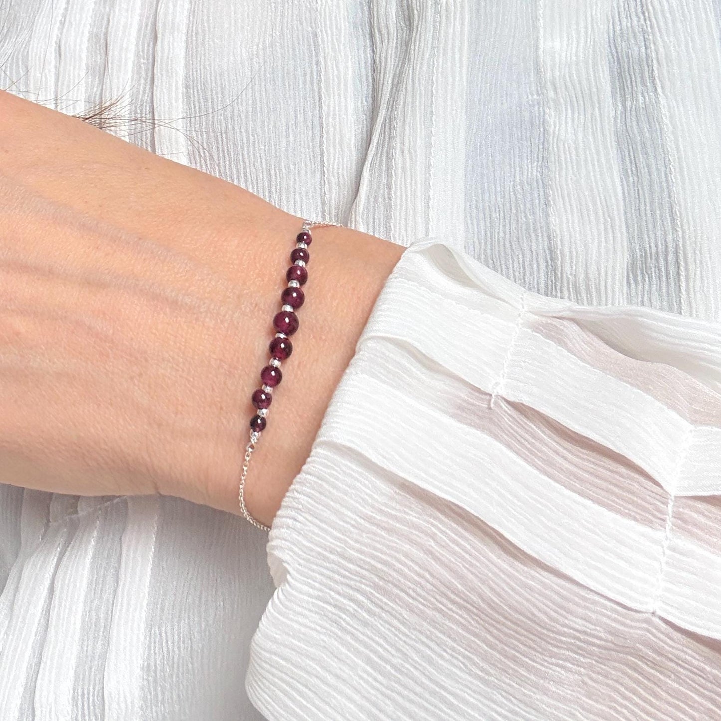 Garnet Bracelet, Silver Beaded Birthstone Bracelet