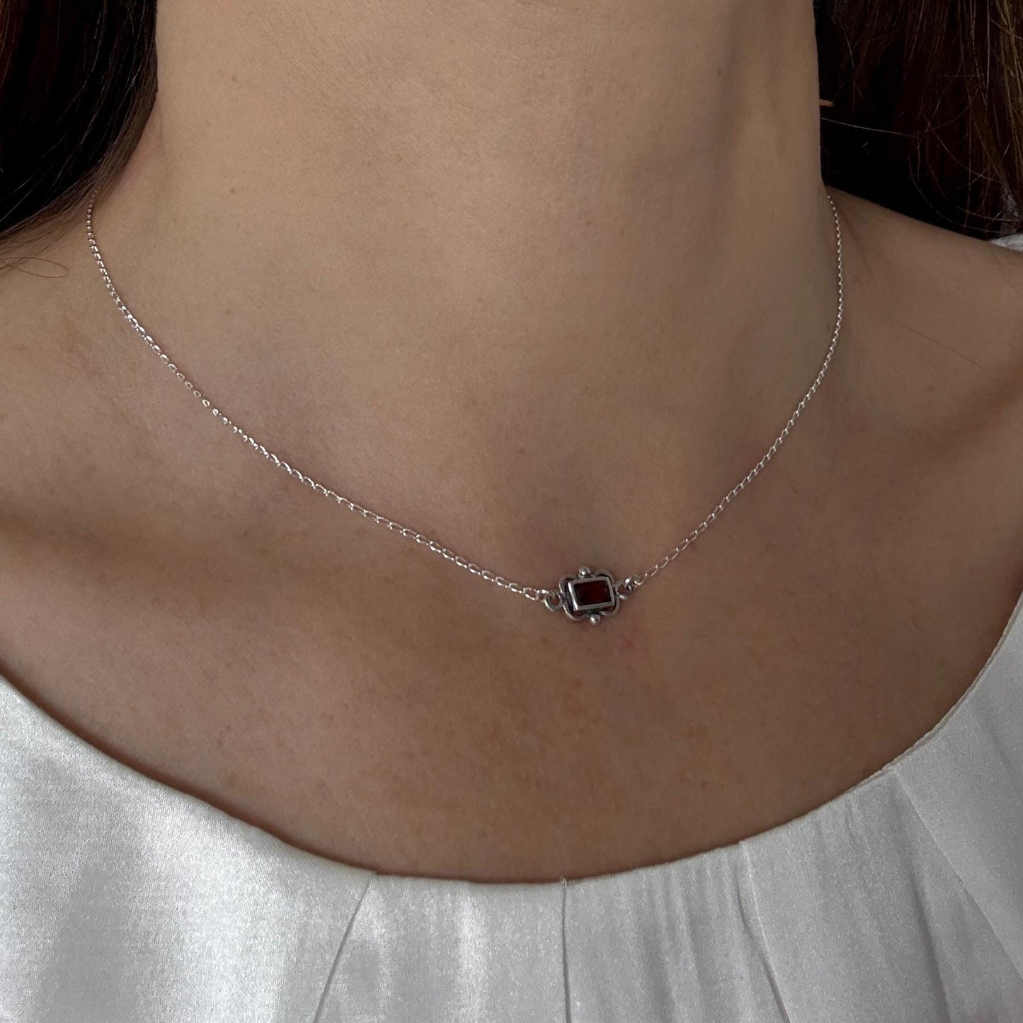 Dainty Garnet Choker Necklace, Tiny Pendant Birthstone Necklace with Silver Chain